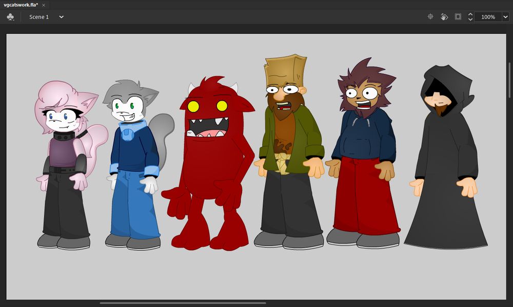 VGCats character models rendered in Adobe Flash. From left to right: Aeris, Leo, Krug, Dr. Hobo, Ternaldo, and Johnny Evilguy