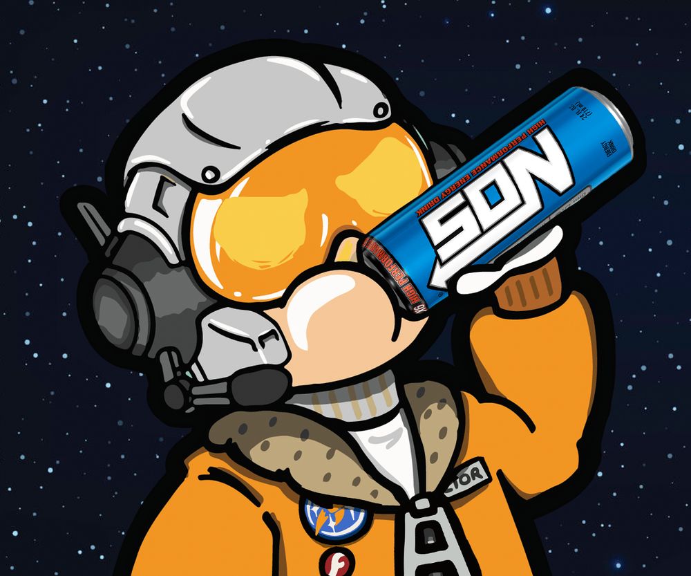 Vector Spaceman chugs NOS out of a battery can.