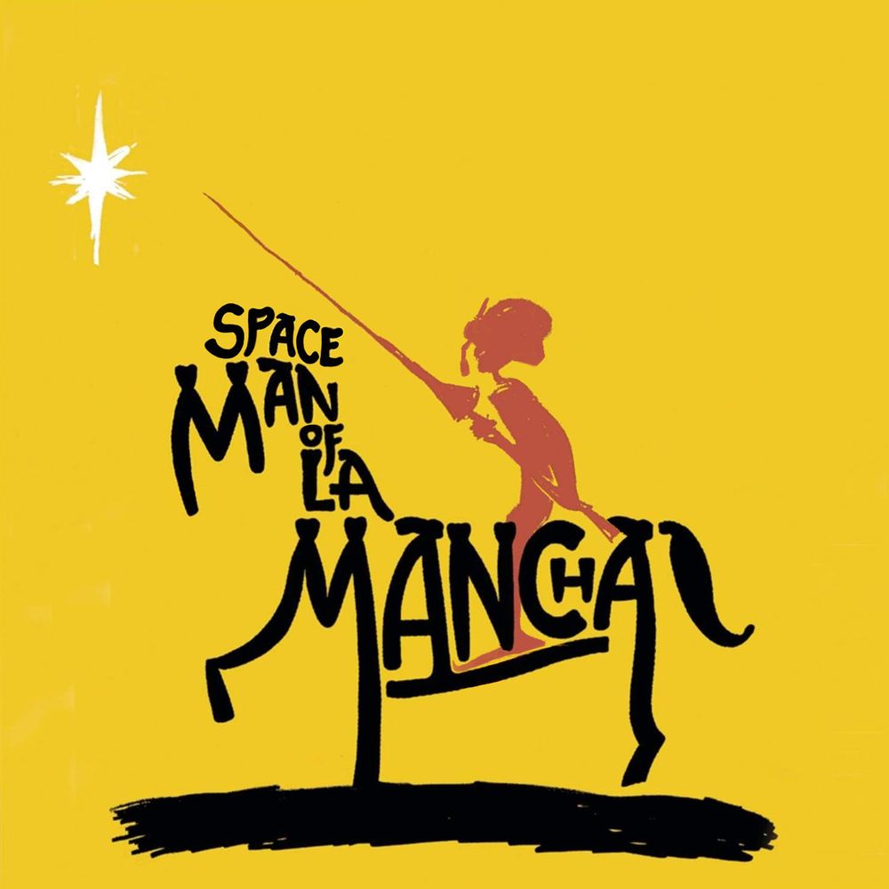 Vector Spaceman in silhouette, in the style of the original broadway playbill for "Man of La Mancha"