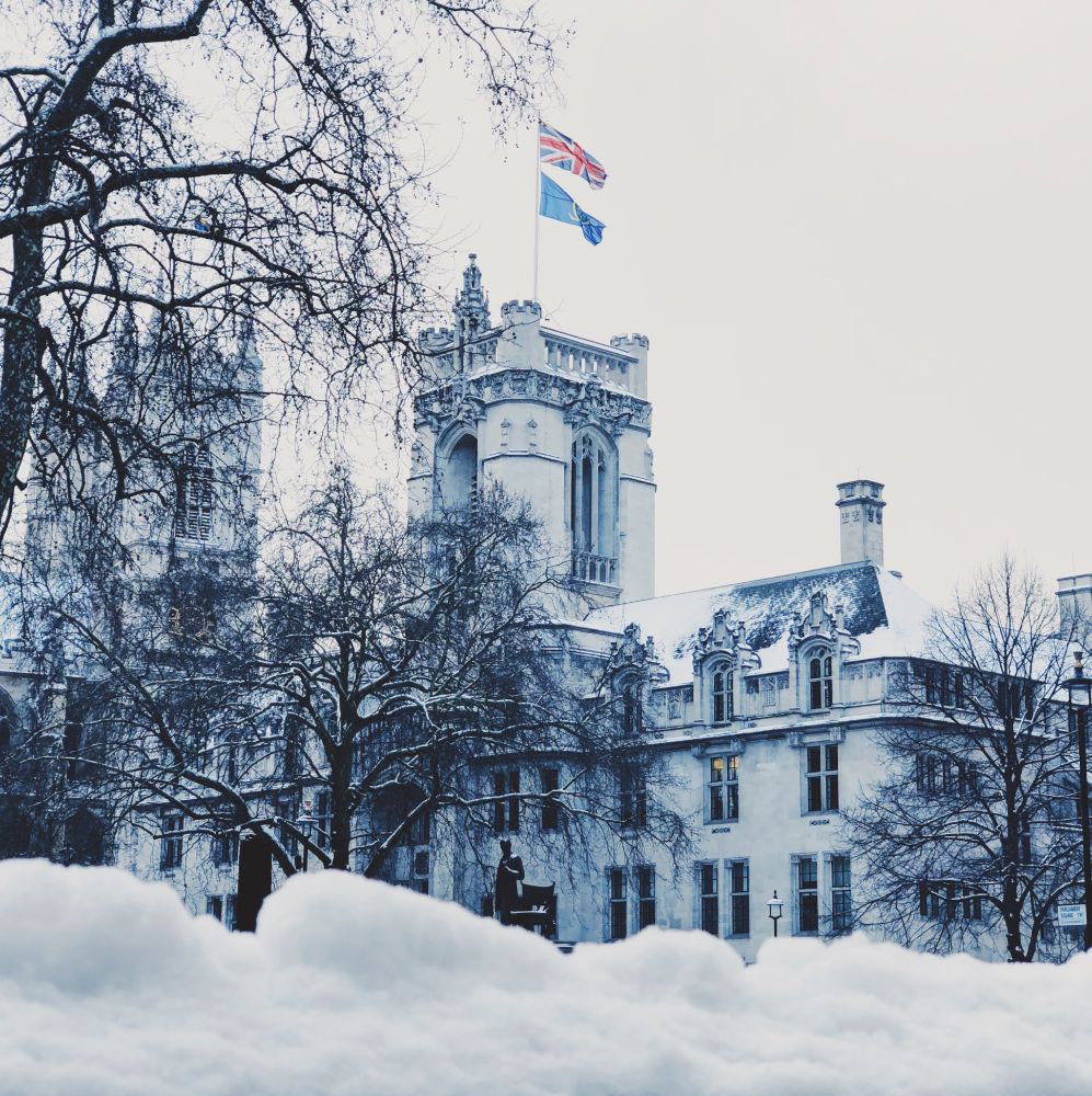 Snow piled up in parliament square.