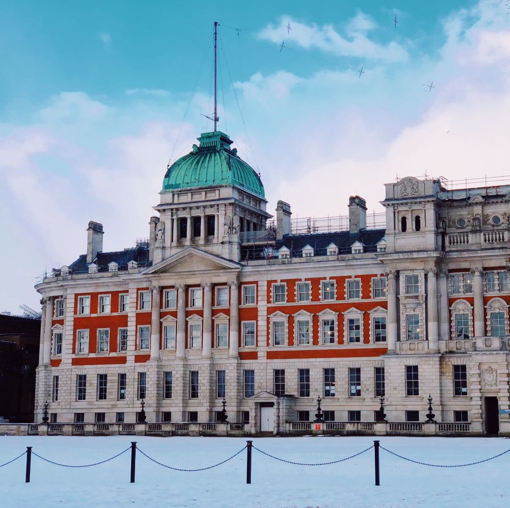 The admiralty in Horseguards Parade surrounded by snow.