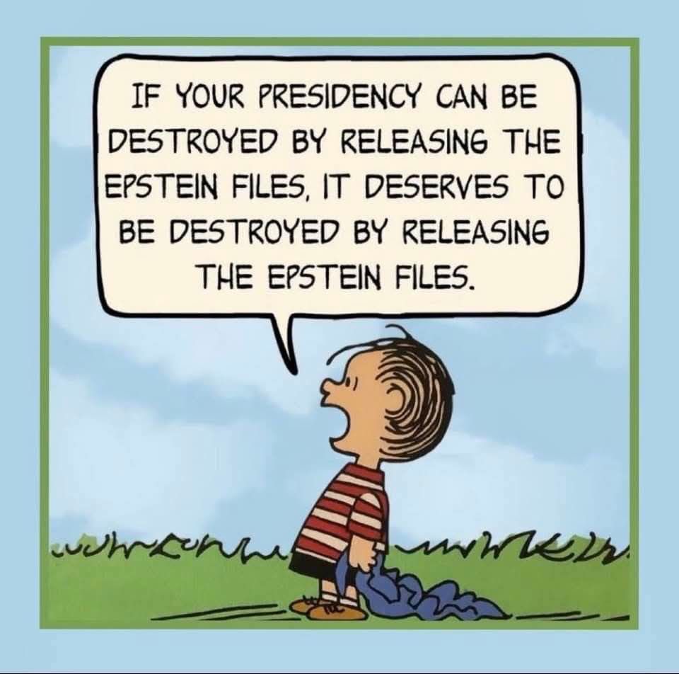 Linus von den Peanuts sagt auf englisch: wenn seine Präsidentschaft mit der Veröffentlichung der Epstein Akten zerstört werden kann dann verlangt es dass die Epstein Akten veröffentlicht werden!