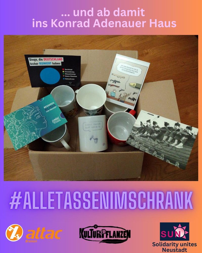 Ein Karton mit diversen Tassen und Postkarten die an die CDU in Berlin geschickt werden. Hashtag Alle Tassen im Schrank 