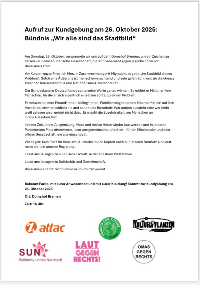 Aufruf zur Kundgebung am Sonntag   Text plus Logos