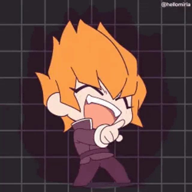 a cartoon character with orange hair and purple eyes is standing in front of a black grid .