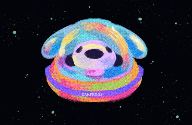 very colourful illustration of a snoopy-like dog inside a dog shaped UFO