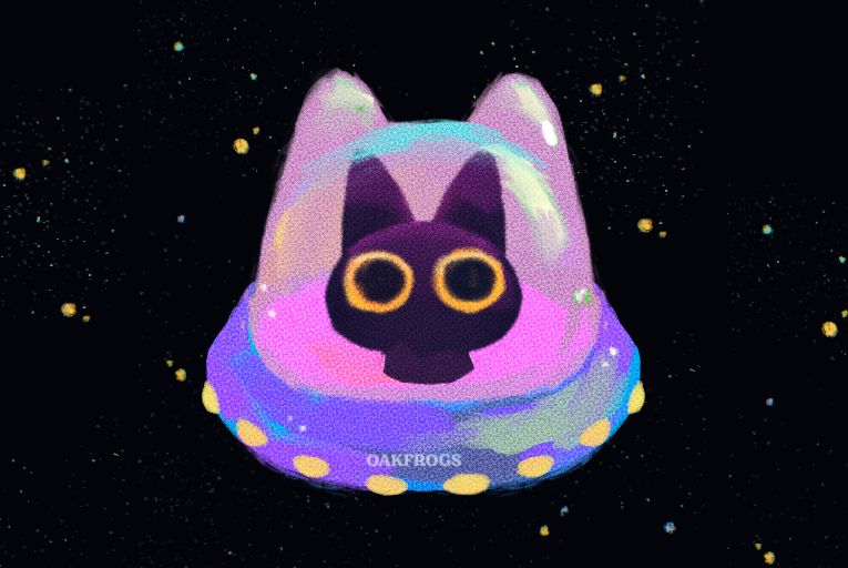 very colourful illustration of a black cat with wide yellow eyes inside a cat shaped UFO