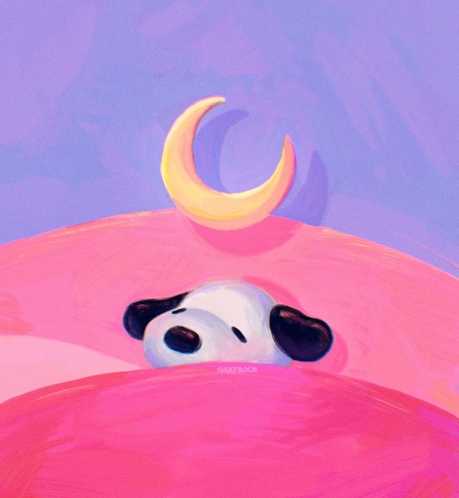illustration of snoopy the dog tucked into bed with thick pink blankets. his eyes are closed and he has a slightly blush to his cheeks. the wall behind the bed is lilac, and there is a crescent moon hovering above snoopys head. he is dreaming peacefully. 