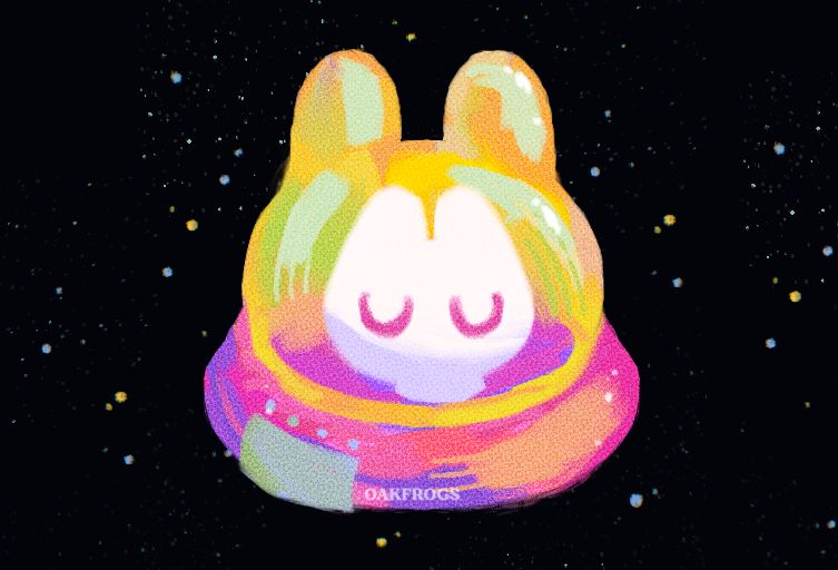 very colourful illustration of a white bunny inside a rabbit shaped UFO