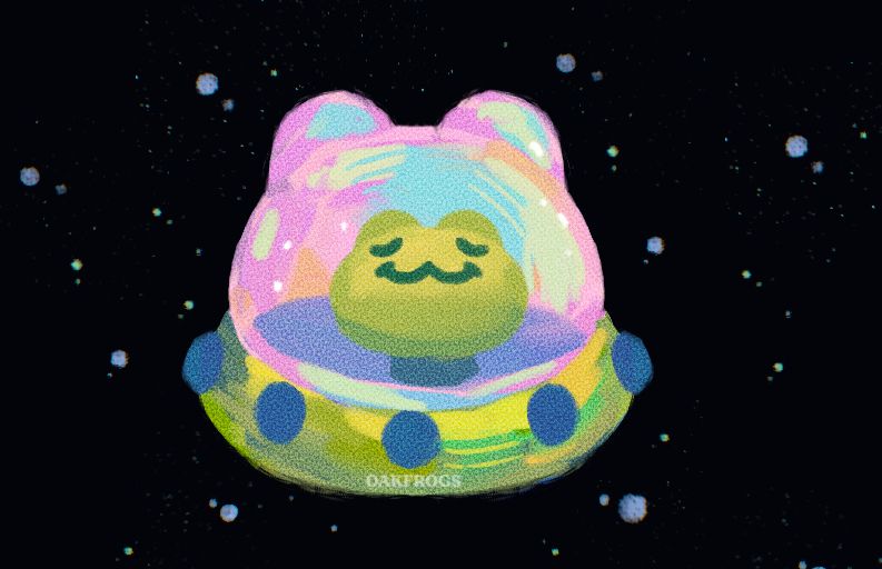 very colourful illustration of a frog inside a frog shaped UFO