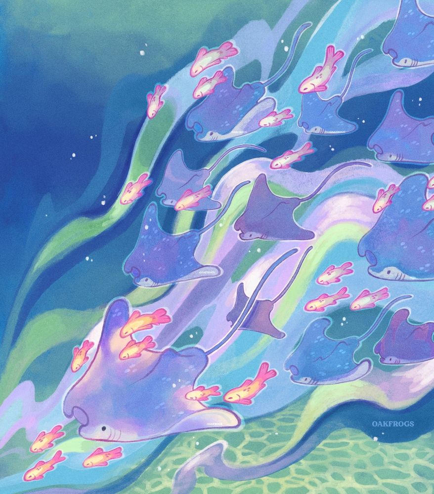 digital painting of an dreamy, whispy ocean scene. pink, blue and purple rays float through the green, blue and purple waves, and pink-yellow glowing fish following their path