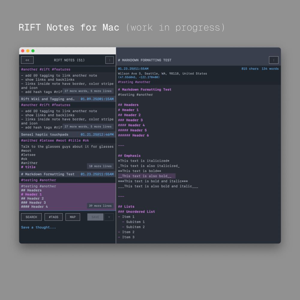 Screenshot of the mac app RIFT Notes, shows a two pane notes app with a markdown test document open on the right detail pane, app has a retro font, app is shown in a dark grey/lavender OneDark theme here