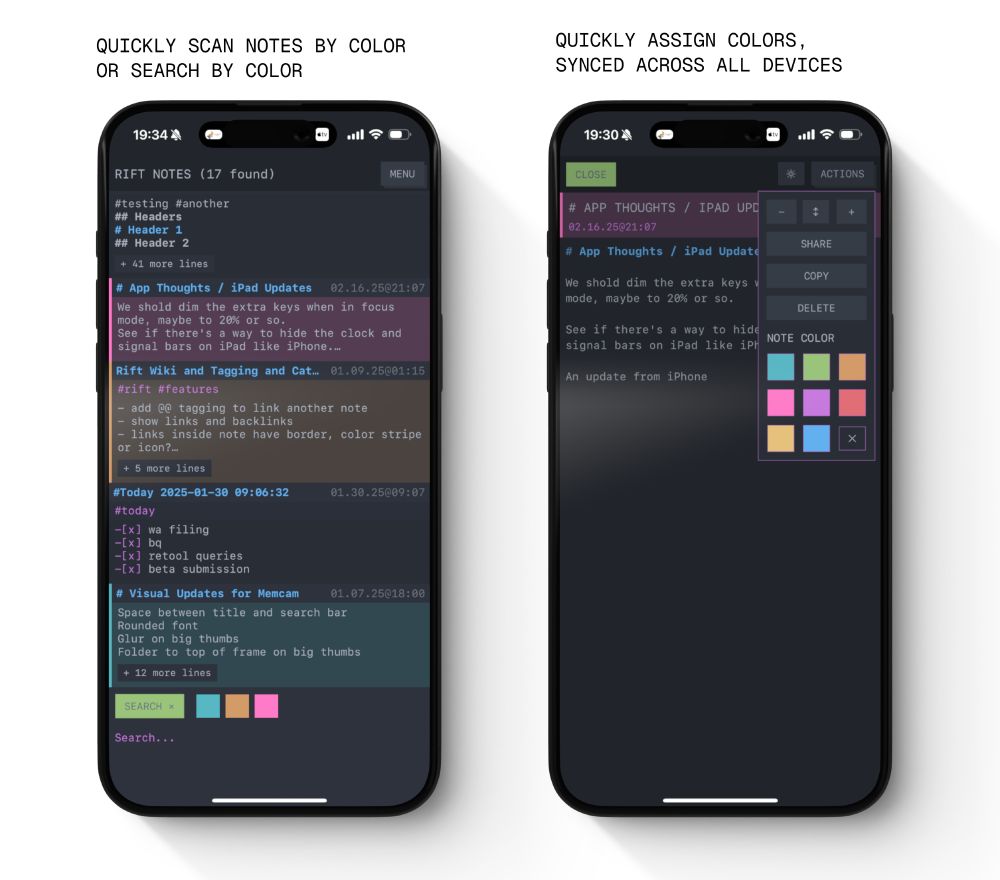 Two phones showing screenshots of RIFT Notes, with color highlights of notes in the list, a search bar showing search by color, and the right screen showing the color picker for applying colors to a note.