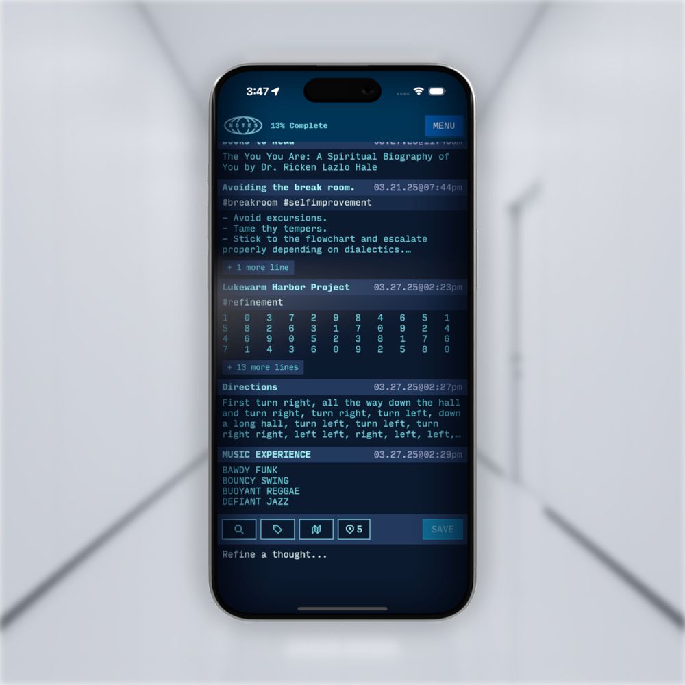 An image of an iphone with the app RIFT Notes, the app's current theme is set to 'Scary Numbers', a theme based on Severance. 