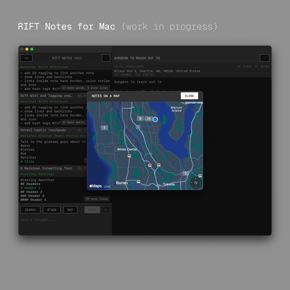 Screenshot of the mac app RIFT Notes, shows a two pane notes app with a map view showing where notes were taken, app has a retro font, app is shown in a dark theme here