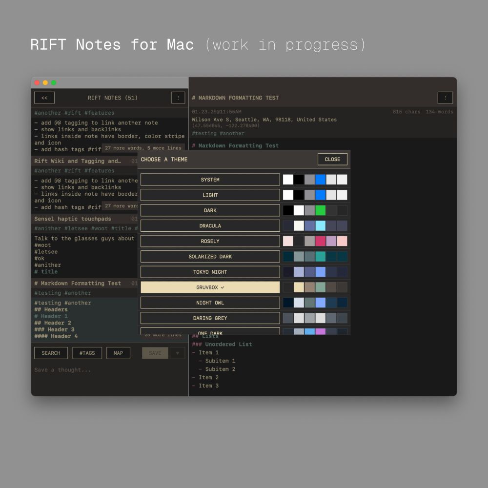 Screenshot of the mac app RIFT Notes, shows a two pane notes app with theme picker screen open, app has a retro font, app is shown in a brown 'GruvBox' theme here