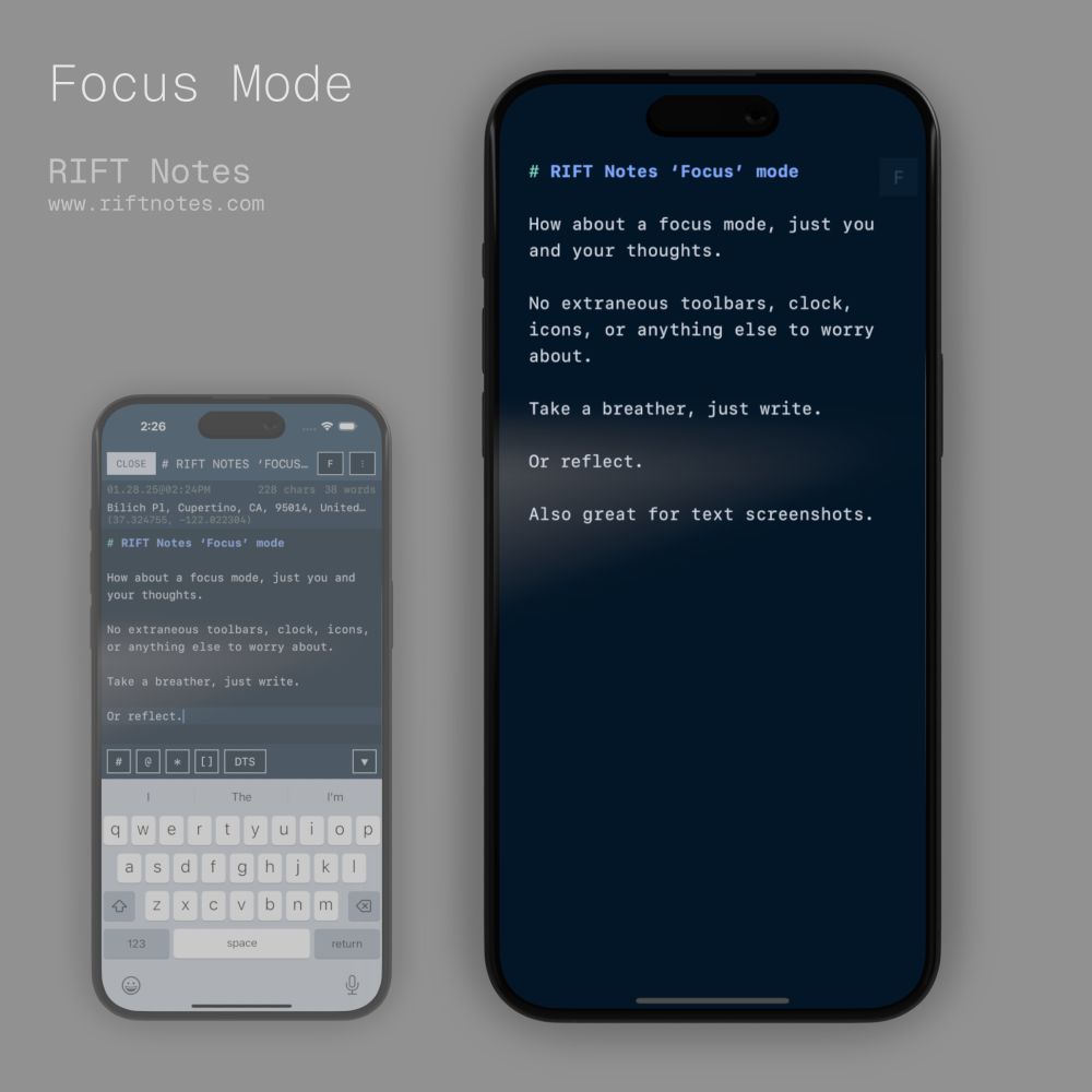 screenshot of an iPhone app, RIFT Notes, showing a focus mode where all the toolbars are hidden.