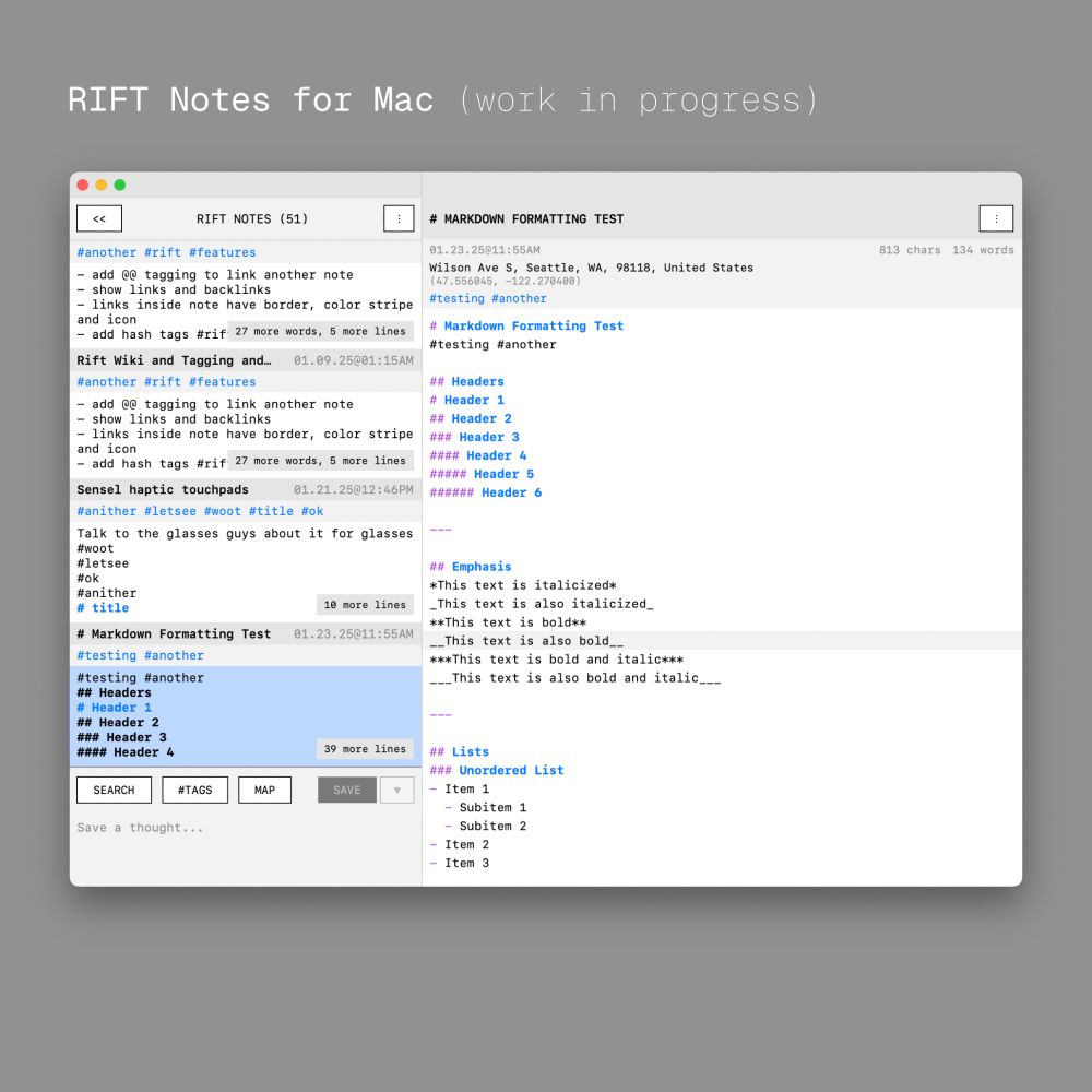 Screenshot of the mac app RIFT Notes, shows a two pane notes app with a markdown test document open on the right detail pane, app has a retro font, app is shown in a light white theme here