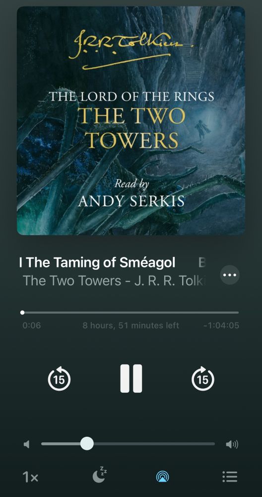 Audiobook screenshot of JRR Tolkien’s The lord of the rings: the two towers. Read by Andy Serkis who also played the role of Gollum in the LOTR movies. 