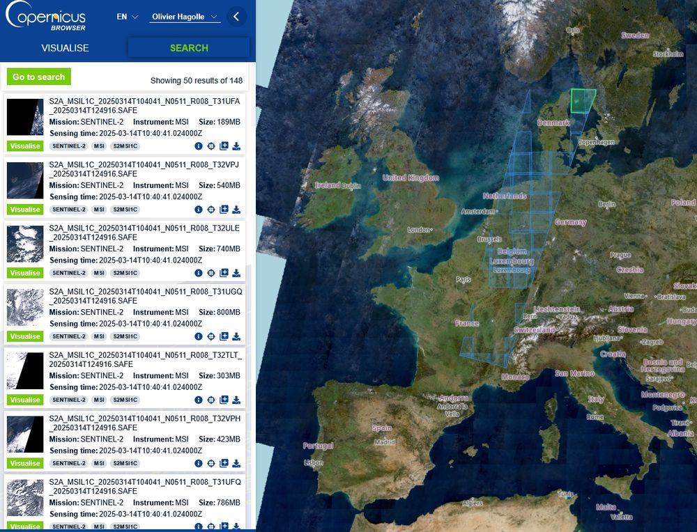 Copernicus browser view showing S2A images acquired on the 14th of March 2025.
