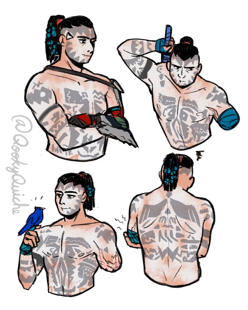 Four Shirtless Kotallo’s in various poses, tattoos showing
1) Crossed arms looking to the right
2) Kotallo taking out his weapon
3) Kotallo holding a blue jay
4) Kotallo (back view) clutching his aching left stump in pain