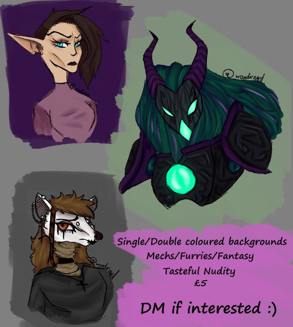 examples of head shots that I do. highlights that I do single or two-tone backgrounds. I also do mechs, furries, fantasy, or anything! DM if interested.