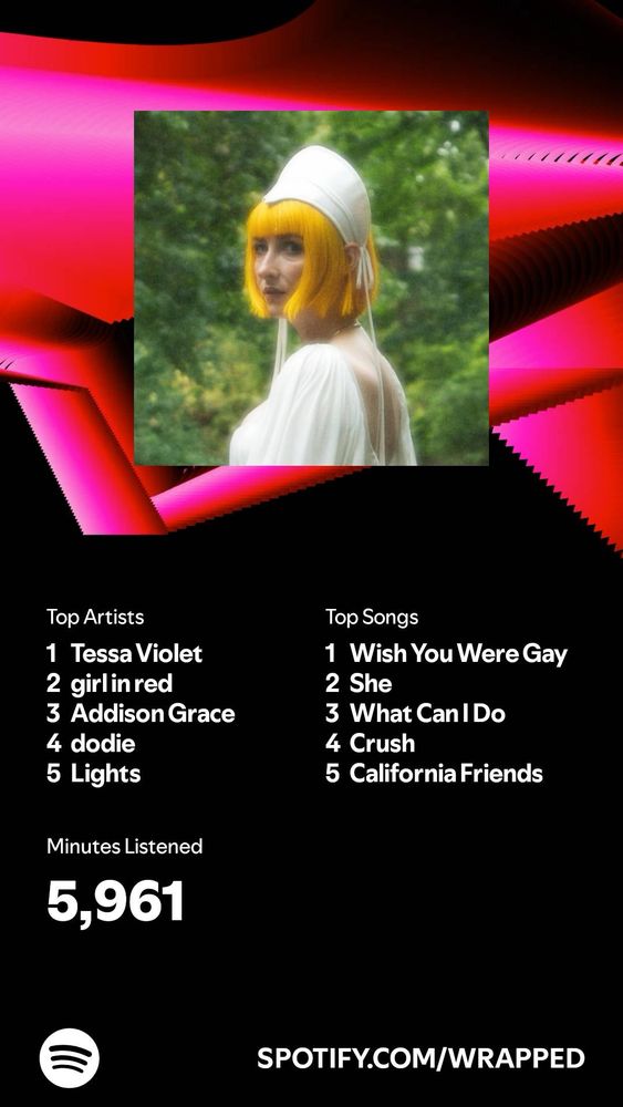 Spotify Wrapped with black background and pink designs with a portrait of Tessa Violet

Top Artists:
Tessa Violet, Girl in Red, Addison Grace, Dodie, Lights 
Top Songs:
Wish You Were Gay, She, What Can I Do, Crush, California Friends