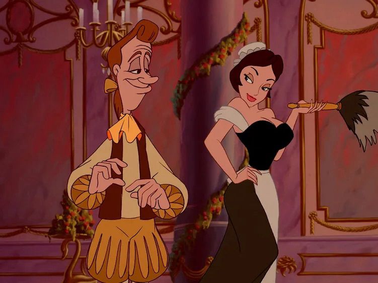 A still of Lumiere (candlestick) and Fifi/Babette/Plumette (feather duster) looking at each other with adoration and attraction in their human form from the animated Disney film Beauty and the Beast. 