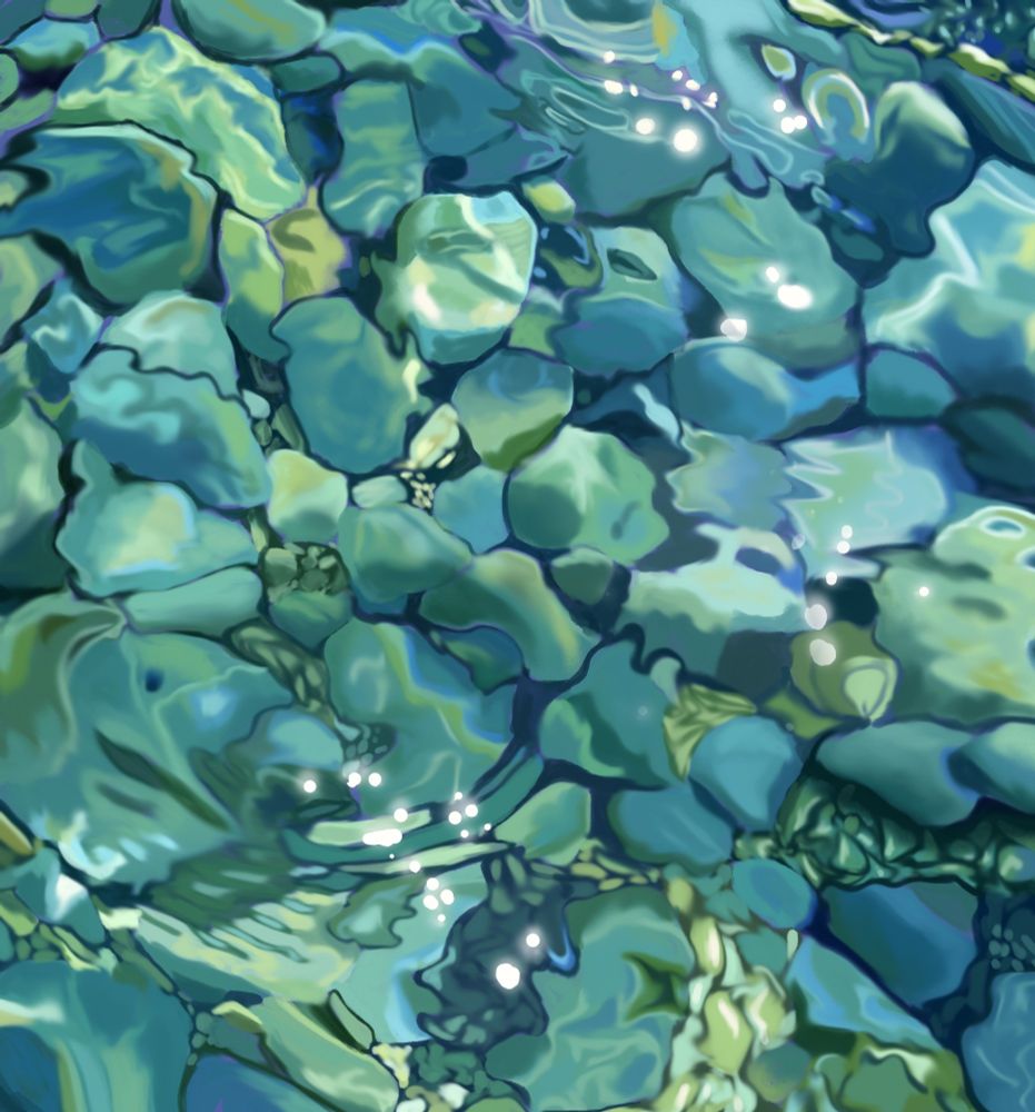 A digital painting of crystal clear and shallow water from a river, you can see the ripples and every single stone in it
