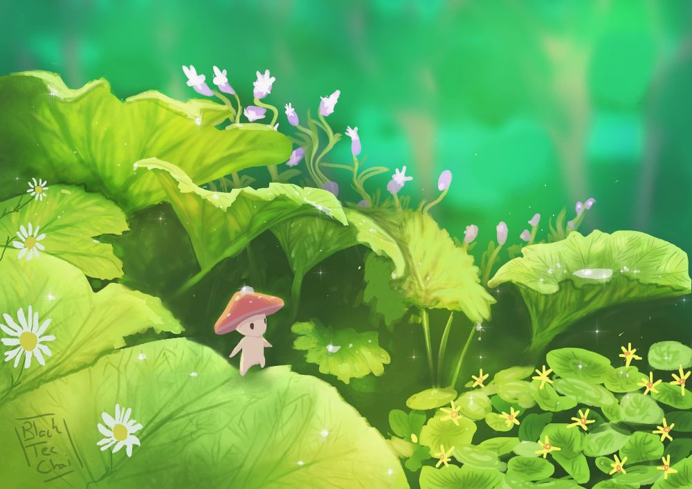 A tiny mushroom person standing on top of a big leaf, surrounded by more big leaves, various green foliage and flowers full with waterdrops from the rain. This is a character from the indie game "Smushi come home"