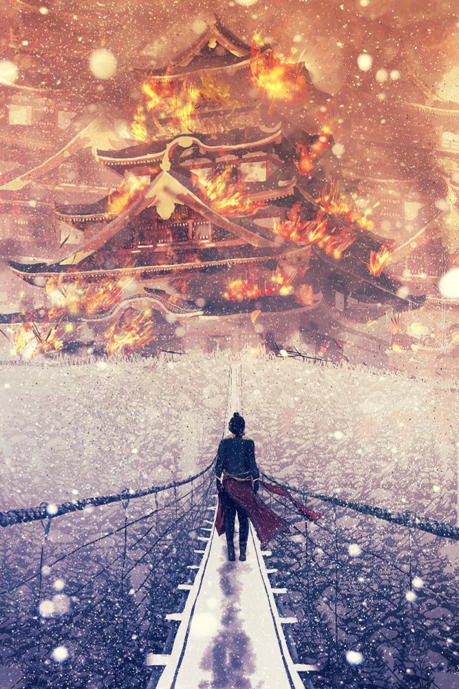 A person standing on a hanging bridge in a snowy landscape. On top of a snowy pine forest hill is a burning japanese palace