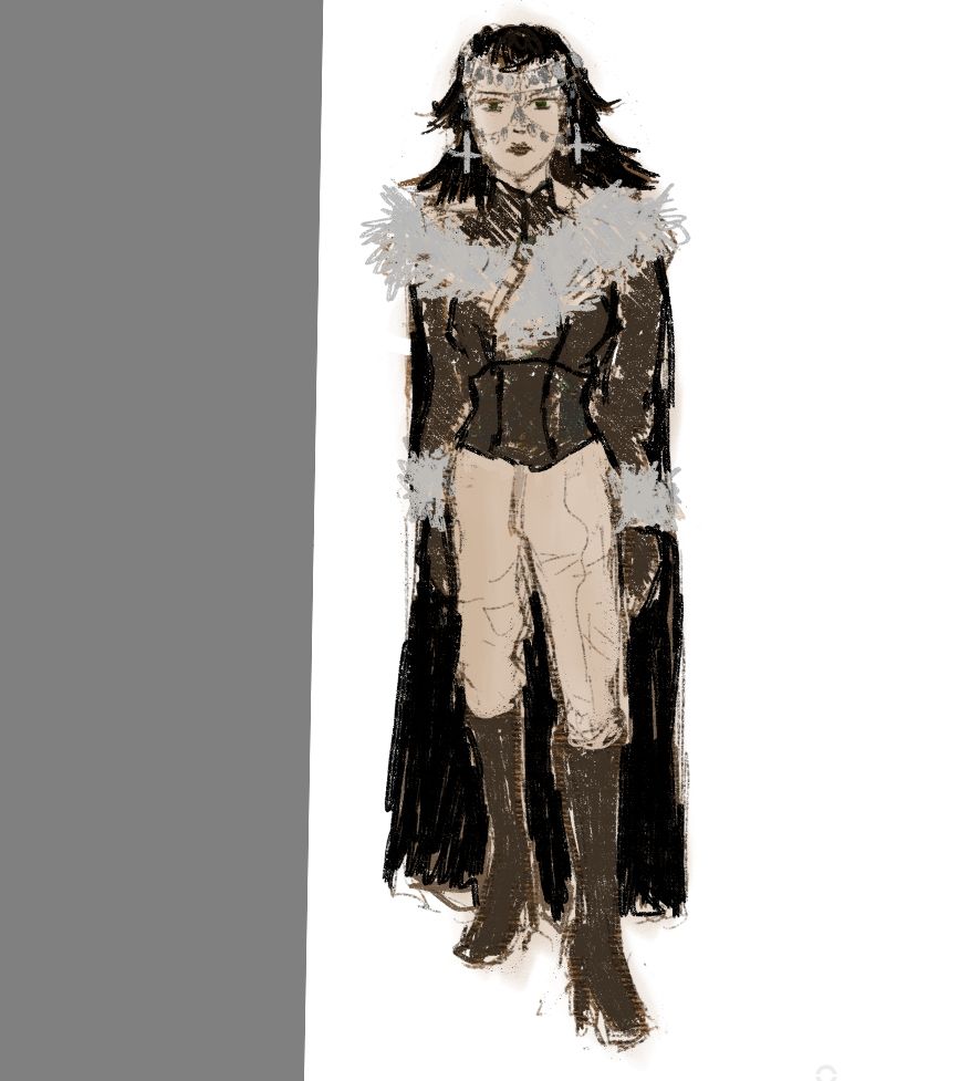 A young woman with long black hair, fur coat, pants and boots. She wears a lot of silver jewelry