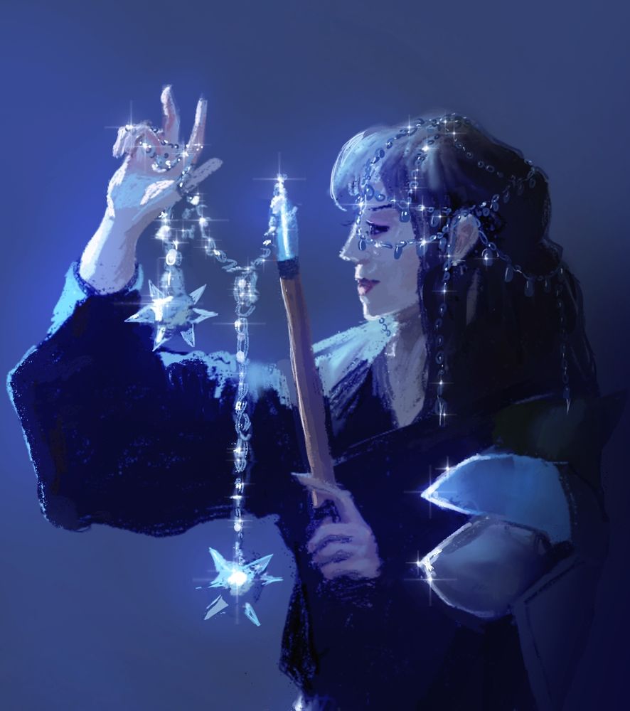 A young woman wearing a black dress and some shoulder armor. She is holding a morning star and wears a headpiece made out of chains