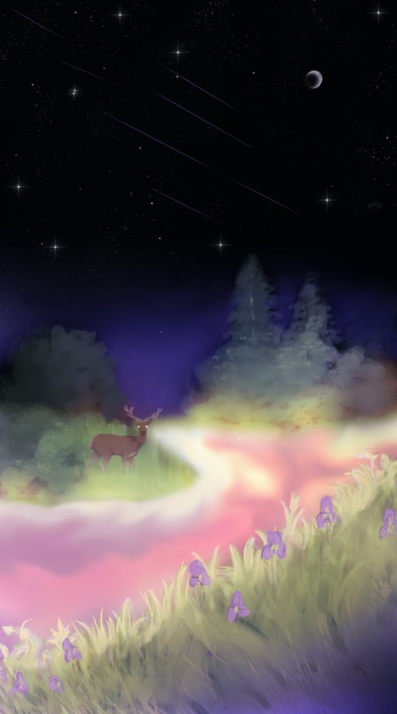 A river landscape at night, but the river is strangely glowing in a pink hue. There is various foliage and a deer staring at you with glowing eyes