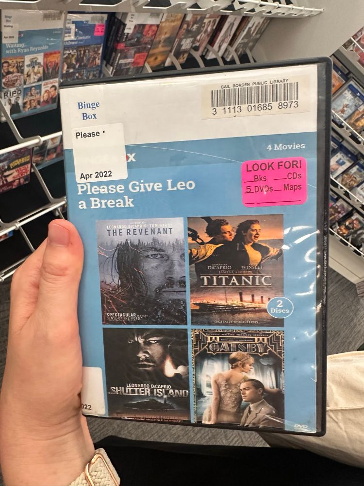 DVD case for a film compilation called Please Give Leo a Break, featuring The Revenant, Titanic, Shutter Island, and The Great Gatsby 