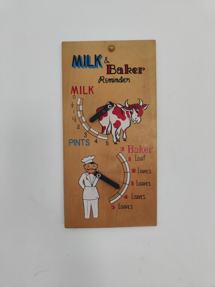 A poster with a milk and baby reminder so you know how much you need, measured in loaves and pints