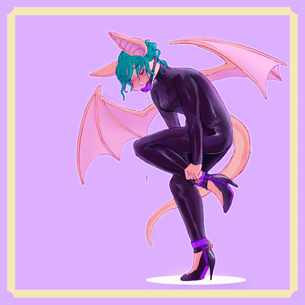 Bat fursona continues putting on gear--they're currently fastening on the lock on their pair of high heels