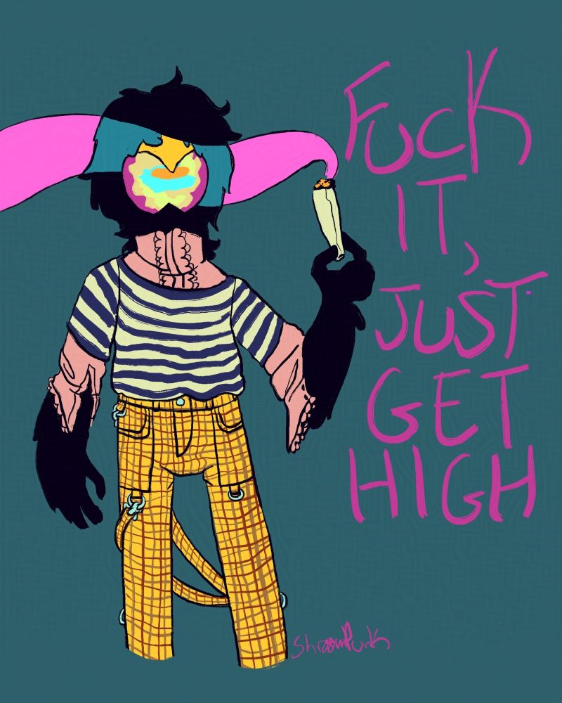 Digital illustration of a shadowy bird man wearing mismatched colorful clothing and holding up a fat fucking joint that's lit and smoking. Where the smoke overlaps his face, the silhouette look is overlaid with teal feathers and a yellow beak gripping a jawbreaker-like single eyeball. Text on the image reads: 