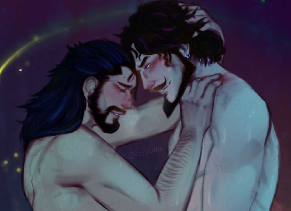 An illustration of Lucanis Dellamorte & Viago de Riva in a very intimate embrace. 