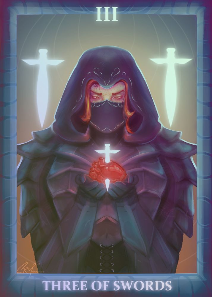 In the style of a Tarot Card, headered by "Three (III)" and footered by "THREE OF SWORDS".

A man faces the viewer, he is masked and hooded in a dark, sturdy, padded leather cuirass. In his hands, he cradles a human heart pierced through the center by a glowing blade. Behind him float two identical blades parallel to his head. 

His hair is read and hangs down in front of his face. 