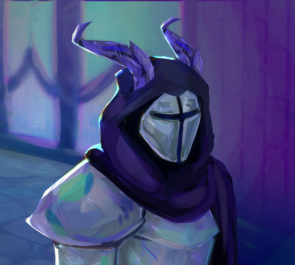An illustration of an armored figure in a hallway, shoulders up. They stand motionless against a moody gothic backdrop, head slightly turned to the viewer. There are two gemstone horns protruding from the cowl that wraps around their head, and their expression is impossible to discern.