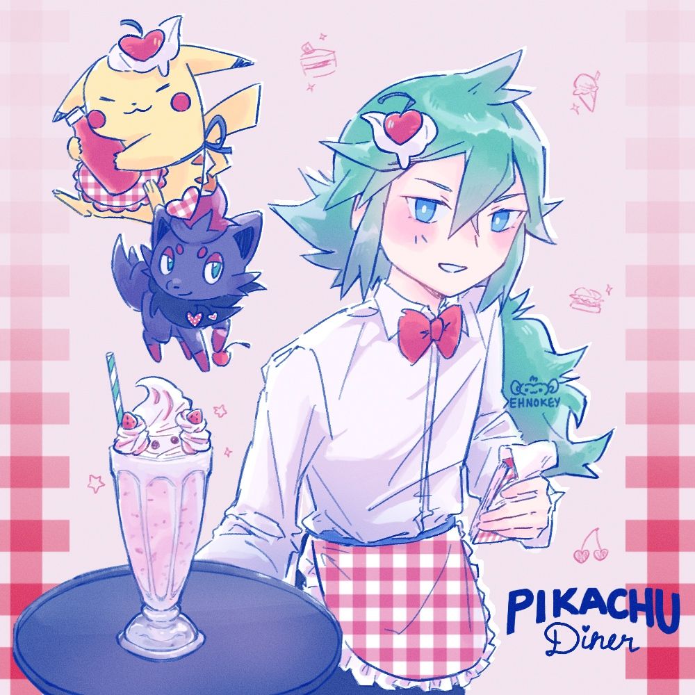 Pikachu diner art featuring pikachu, Zorua and N serving an alcremie-inspired milkshake 