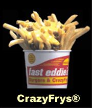 A round container filled with thin french fries covered in cheese and bacon bits (?). The container says "fast eddie's Burgers & CrazyFrys".