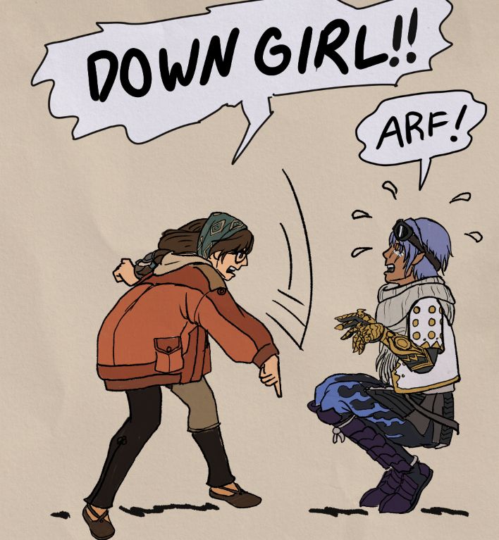 parody of the Archie comic meme of Veronica yelling at Archie, "Down Boy" with Archie going "Arf" with Alma and the Hunter from Monster Hunter Wilds