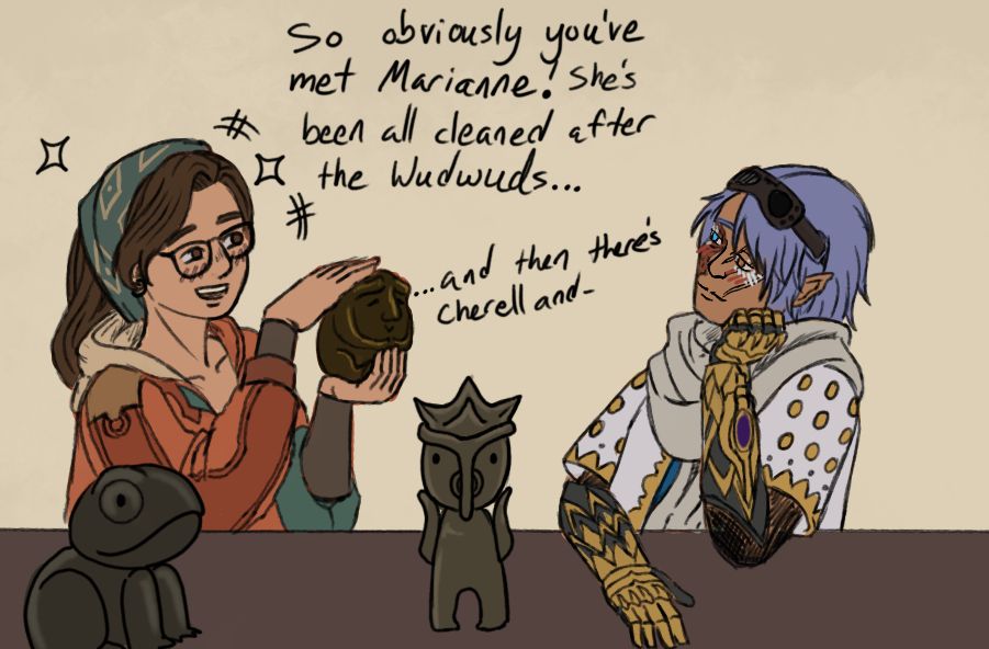 Alma and the Hunter sitting at a table, Alma is holding her prized Artifact< Marianne, taking about how she's all clean now, the Hunter is longingly staring and just quietly listening. 