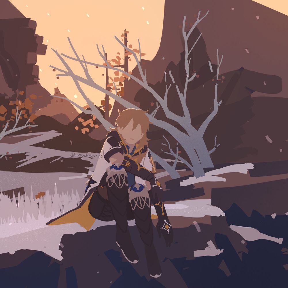 A drawing where shapes have been simplified into blocks of colour. Albedo sits on the cliff outside his lab on Dragonspine. There's a light snowfall, and the scene is bathed in the amber light of dusk.