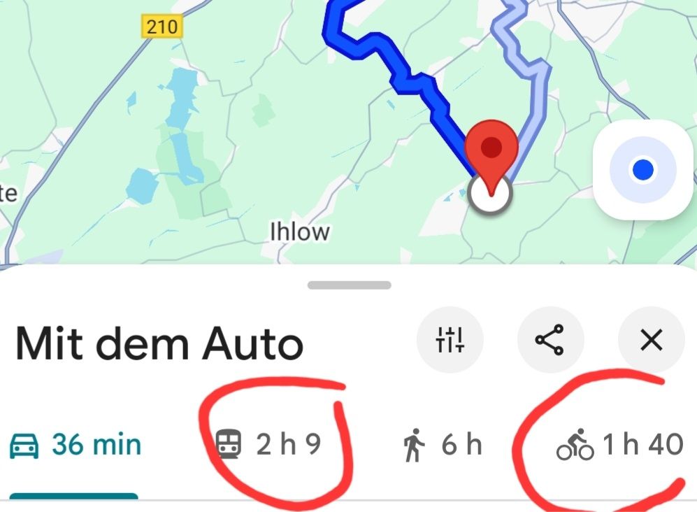 Kartenausschnitt mit Zeitangaben für verschiedene Verkehrsmittel: Auto 36 min, Bus&Bahn 2:09h, zu Fuß 6h, Fahrrad 1:40h. 