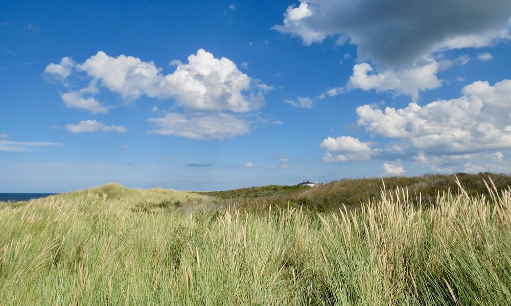 Dünenlandschaft mit blauem Himmel und weißen, malerischen Wolken. Links sieht man ein kleines Stück vom Meer.