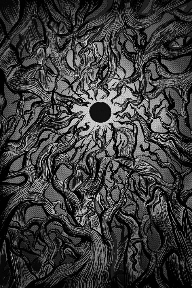 A creepy twisted forest with a eclipse. 