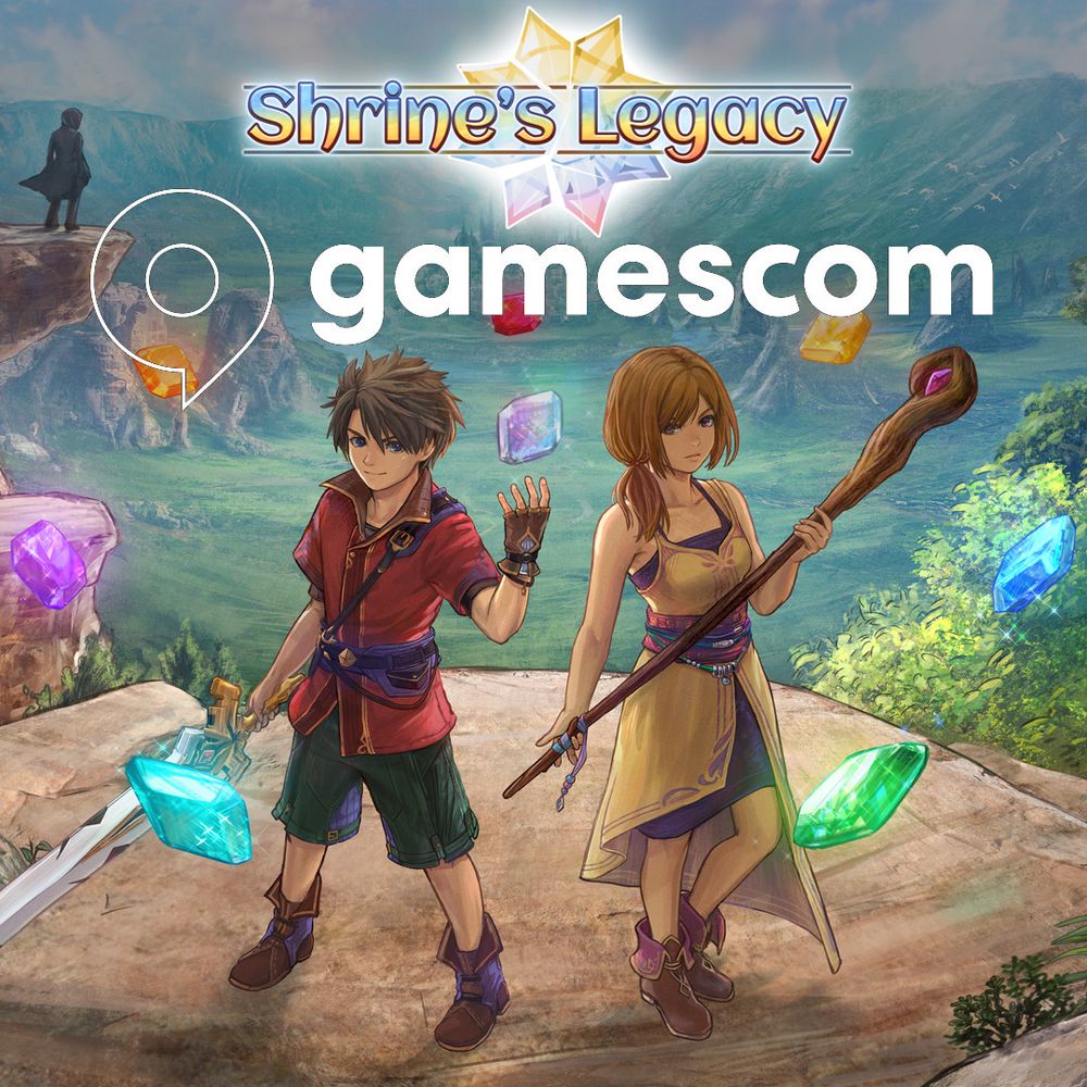 Key art and logo for Shrine's Legacy showing the heroes surrounded by the elemental gemstones of importance to the game's story, along with the logo for Gamescom.